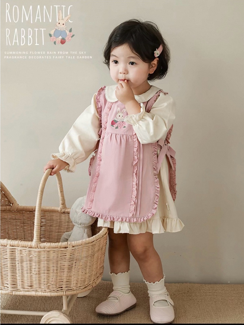 Romantic Rabbit Pink Ruffle Apron Dress set